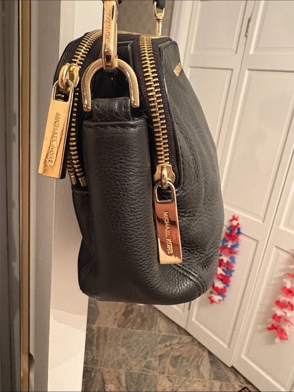 Michael Kors Black Pebbled Leather Crossbody with Gold-Tone Accents